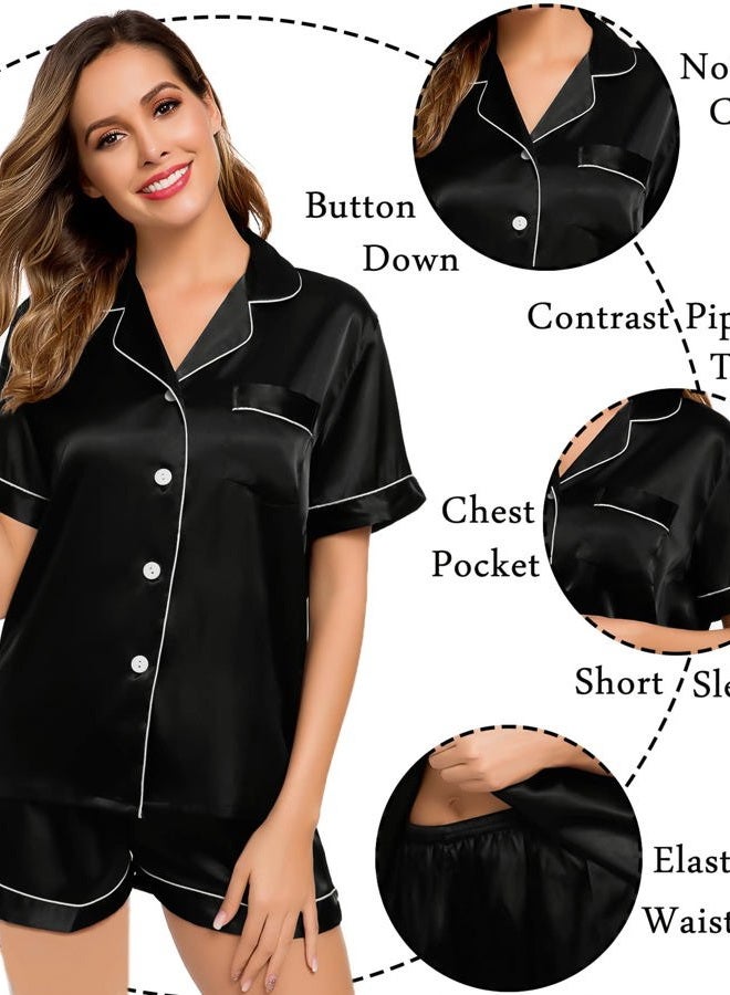 LecGee Womens Silk Satin Pajamas Short Sleeve Loungewear Two-Piece Sleepwear Button-Down Pj Set, Black-03, XXL - Image 5