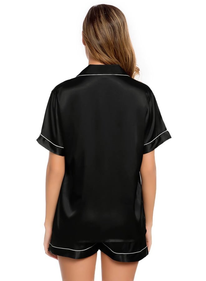 LecGee Womens Silk Satin Pajamas Short Sleeve Loungewear Two-Piece Sleepwear Button-Down Pj Set, Black-03, XXL - Image 4