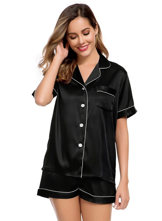 LecGee Womens Silk Satin Pajamas Short Sleeve Loungewear Two-Piece Sleepwear Button-Down Pj Set, Black-03, XXL - Image 2