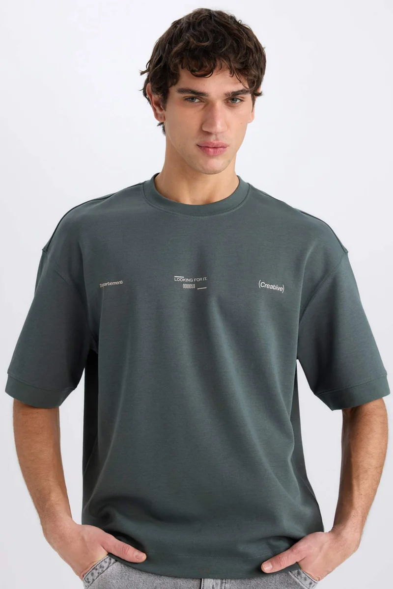 DeFacto Loose Fit Crew Neck Printed Heavy Fabric T-Shirt