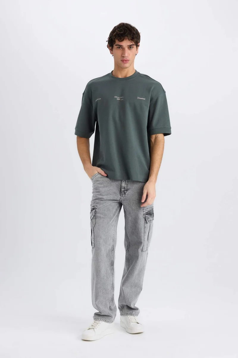 DeFacto Loose Fit Crew Neck Printed Heavy Fabric T-Shirt