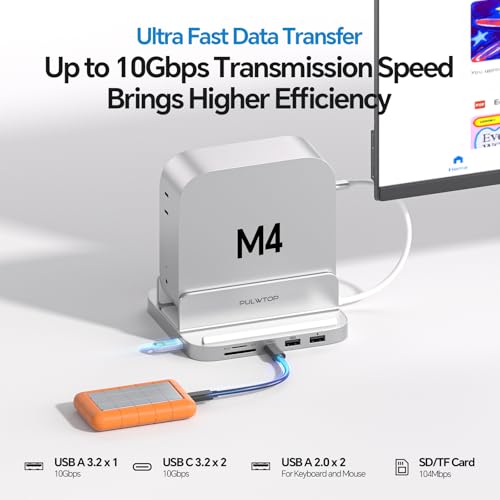 PULWTOP 9 in 1 Mac mini M4 Dock with HDMI 4K & 4TB M.2 SSD Enclosure, Aluminum Vertical USB-C Hub Stand for Mac mini M4 Pro Hub, USB-A/C 10Gbps, 2xUSB-A 2.0, 3.5mm Audio, SD/TF (SSD NOT Included) - Image 5
