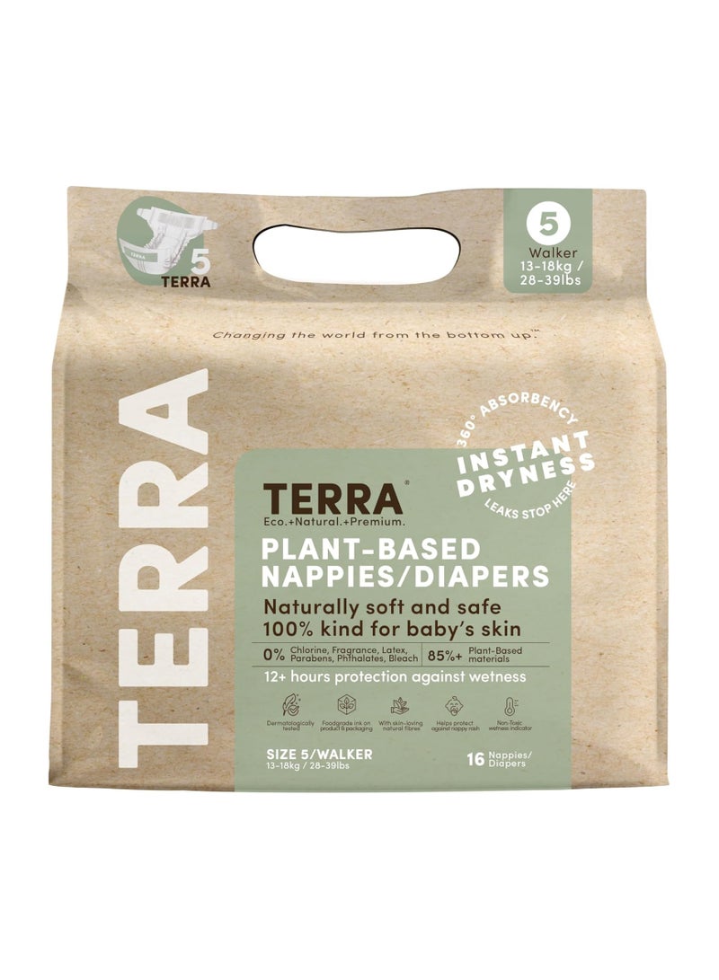 Terra حفاضات حجم 5: حفاضات مصنوعة من 85% مواد نباتية، فائقة النعومة وخالية من المواد الكيميائية للبشرة الحساسة، امتصاص فائق للاستخدام نهارًا أو ليلًا، مصممة للأطفال الذين يتراوح وزنهم بين 28-39 رطل، 16 قطعة - Image 1