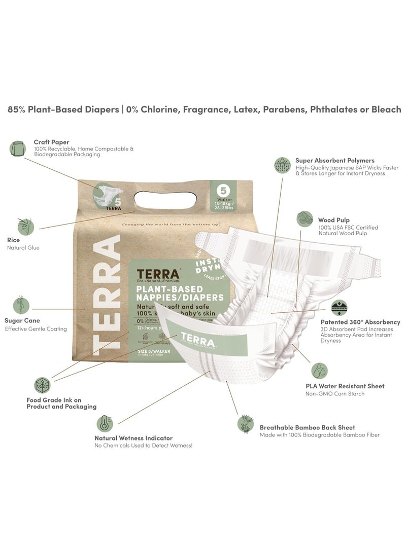 Terra حفاضات حجم 5: حفاضات مصنوعة من 85% مواد نباتية، فائقة النعومة وخالية من المواد الكيميائية للبشرة الحساسة، امتصاص فائق للاستخدام نهارًا أو ليلًا، مصممة للأطفال الذين يتراوح وزنهم بين 28-39 رطل، 16 قطعة - Image 2