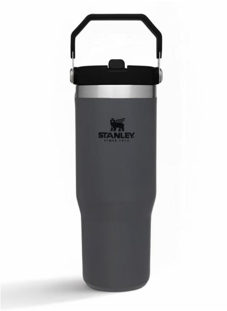 ستانلي كوب ستانلي آيس فلو المعزول المصنوع من الفولاذ المقاوم للصدأ مع شفاطة قابلة للطي وغطاء مانع للتسرب للمنزل والمكتب والسيارة، يحفظ البرودة لمدة 12 ساعة، ويكفي يومين، سعة 30 أونصة، لون فحمي - Image 1