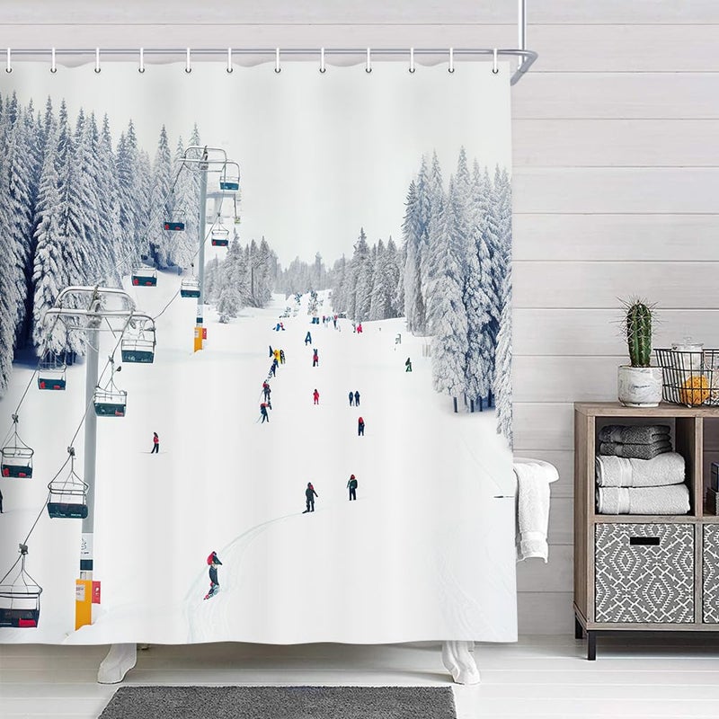 NYMB Sport Shower Curtain Winter Holiday Travel Snow Mountain Skiing Cable Car Polyester Fabric Snow Bath Curtain Snow Forest Bathroom Shower Curtain Set with Hooks 69X70in