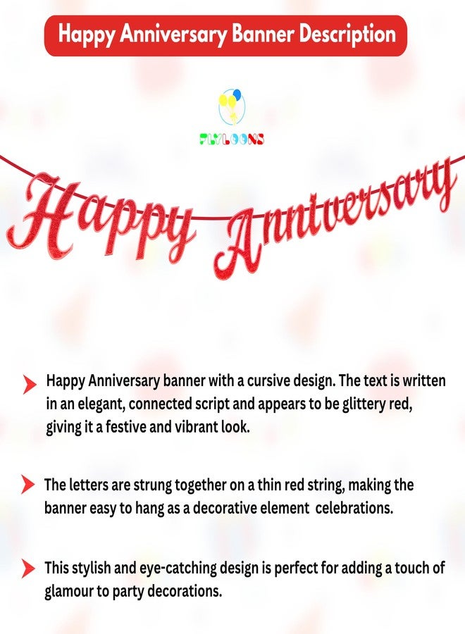 Flyloons 10th Anniversary Decoration Items Red for Men Women Husband Wife Home Living Room Parent With 10 Pc Confetti Balloons Happy Anniversary Banner 4 Pc Star Heart Set Kit - Image 3