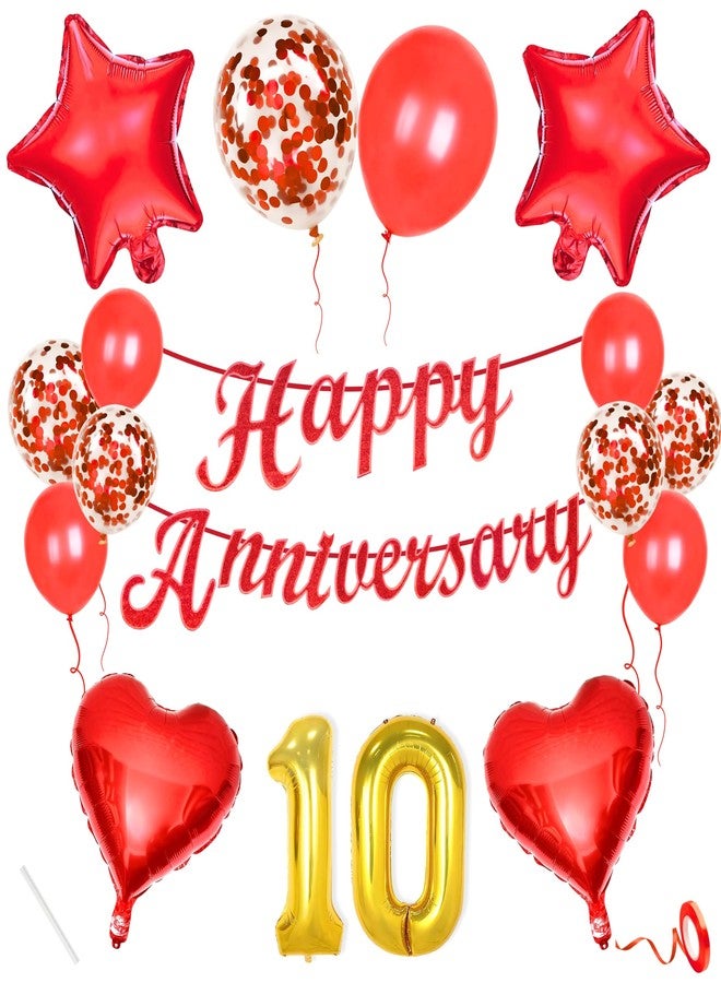 Flyloons 10th Anniversary Decoration Items Red for Men Women Husband Wife Home Living Room Parent With 10 Pc Confetti Balloons Happy Anniversary Banner 4 Pc Star Heart Set Kit - Image 1