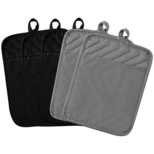 GROBRO7 5Pack Pot Holders for Kitchen Heat Resistant Cotton Potholder Multipurpose Hot Pad Machine Washable Oven Mitts with Pocket Potholders for Baking and Cooking 89 x 69 in Gray Black