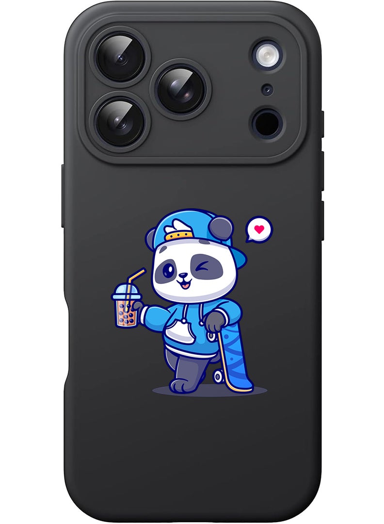 Theodor Protective Slim Fit Case Liquid Silicone Cover with Full Body Protection Anti-Scratch Shockproof Case For Apple iPhone 17 Pro Max (Black) Panda having Drink - Image 1