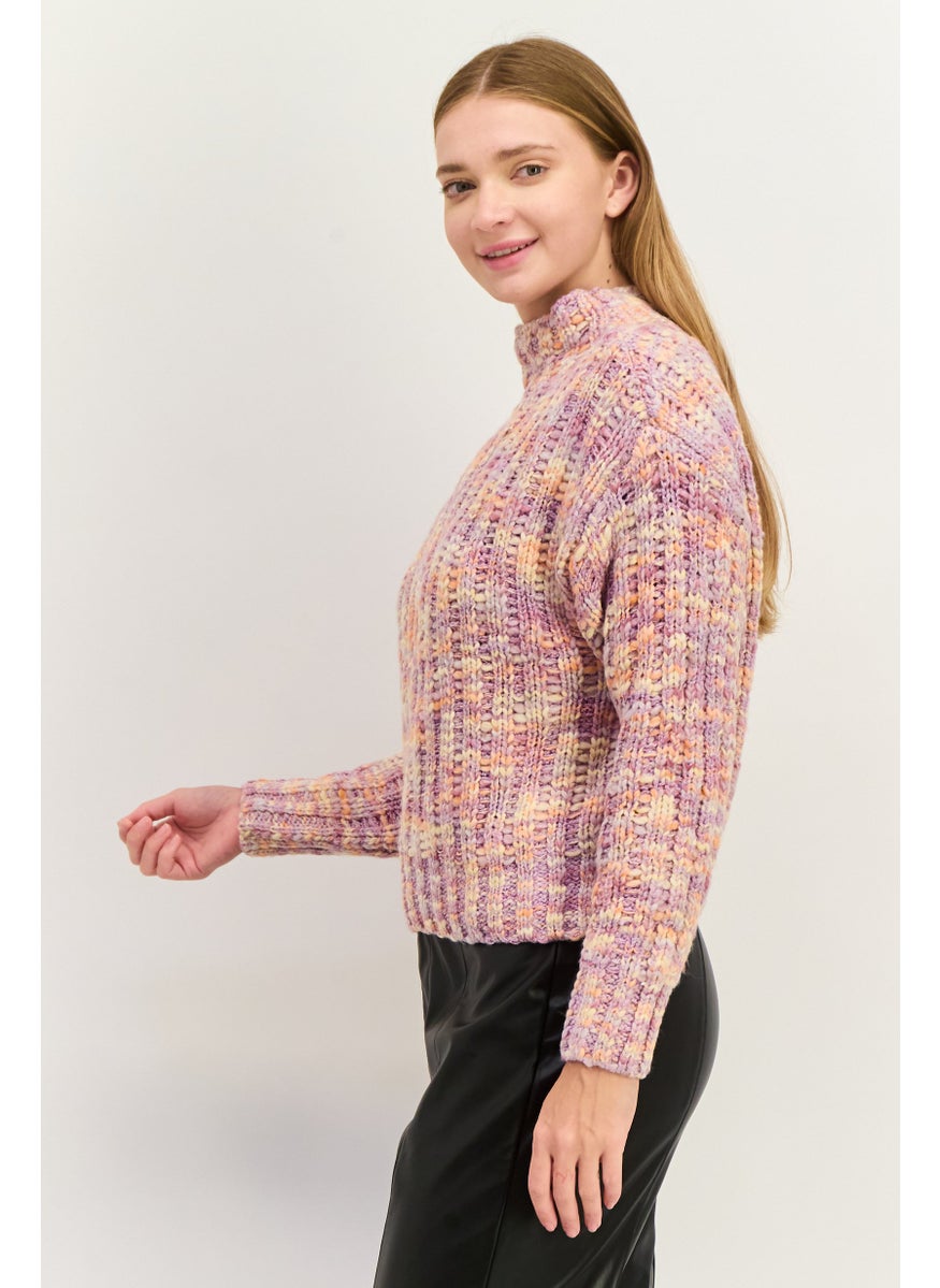 Black Tape - Women Mock Neck Crocheted Sweater, Lilac Combo - Image 1