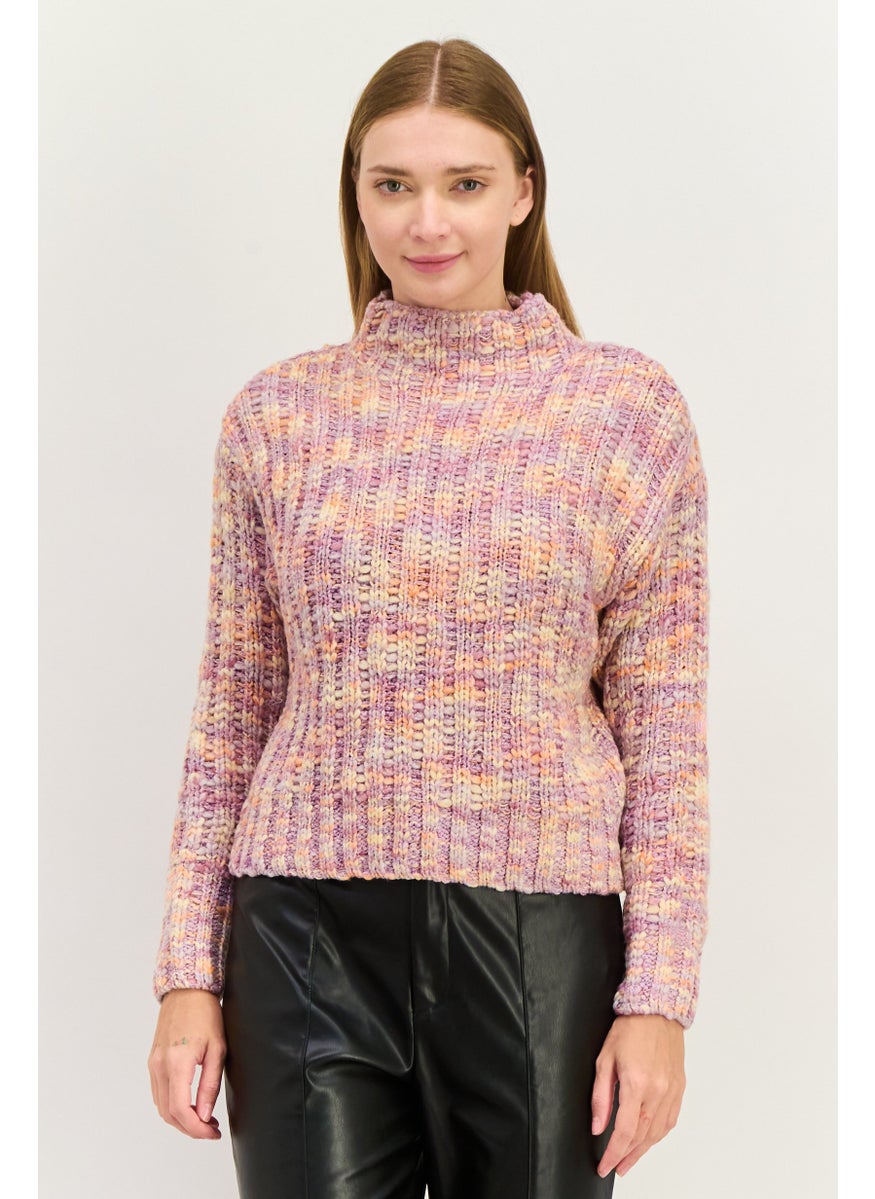 Black Tape - Women Mock Neck Crocheted Sweater, Lilac Combo - Image 1
