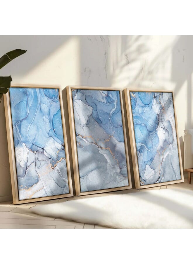 Home Gallery Set Of 3 Blue And Silver Marble Abstract Textured Framed Wall Art - Image 1
