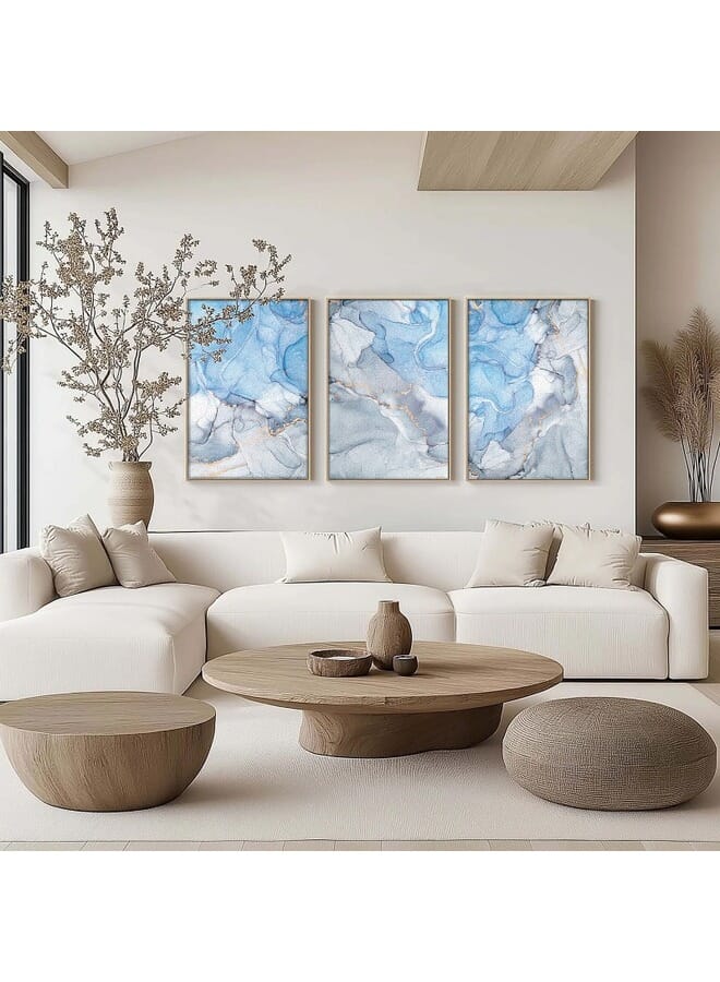 Home Gallery Set Of 3 Blue And Silver Marble Abstract Textured Framed Wall Art - Image 2
