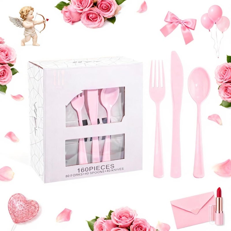 WDF 160 Piece Pink Plastic Silverware Heavy Duty Pink Silverware Includes 80 Forks 40 Spoons 40 Knives Plastic Utensils Perfect for Wedding Party