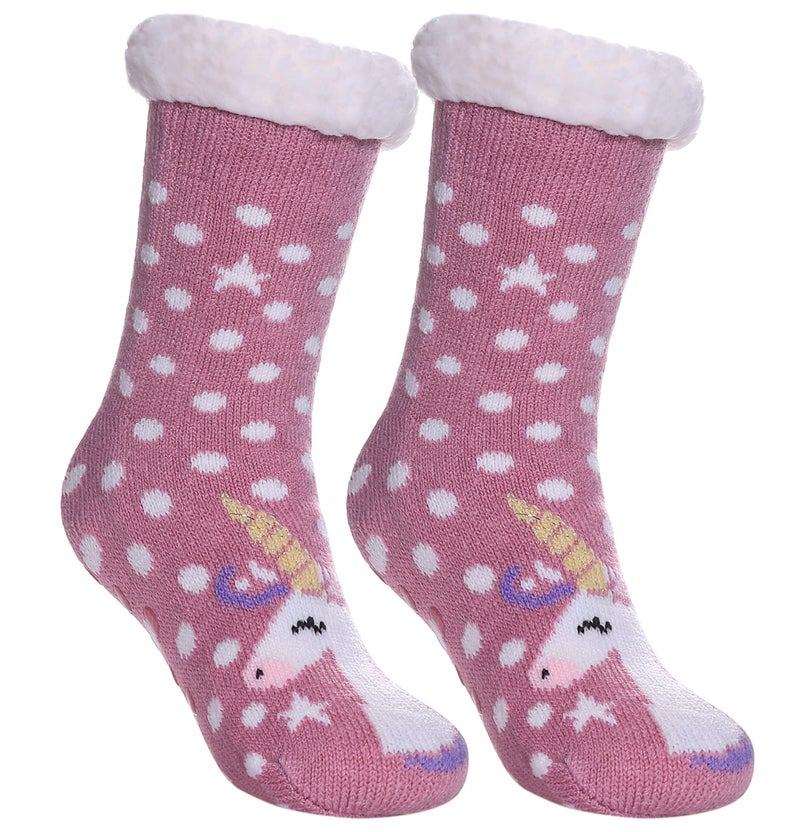 LINEMIN Girls Boys Warm Slipper Socks Child Cozy Soft Fleece Lined Thick Sherpa Winter Indoor Christmas Socks (4-7 Years, Purple Unicorn) - Image 1