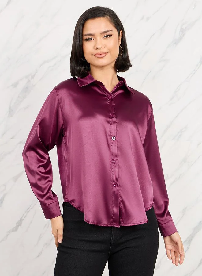Take Two Satin Solid Long Sleeve Shirt