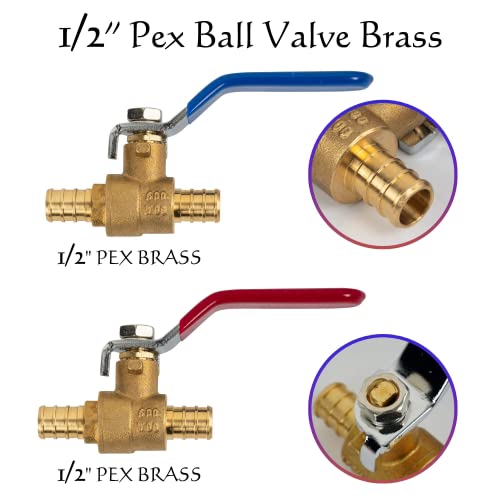 Hourleey 2 Pieces 1/2 Inch Pex Brass Full Port Shut Off Ball Valve HOT AND COLD, Quarter Turn HOT (RED) COLD (BLUE) of Brass Water Stop Shutt off, 1 Piece each - Image 5