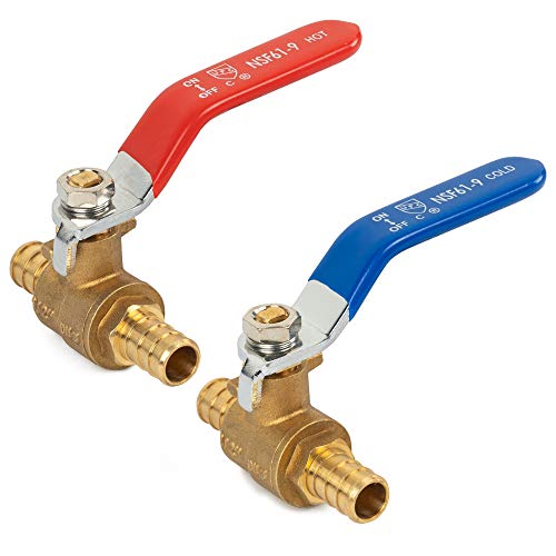 Hourleey 2 Pieces 1/2 Inch Pex Brass Full Port Shut Off Ball Valve HOT AND COLD, Quarter Turn HOT (RED) COLD (BLUE) of Brass Water Stop Shutt off, 1 Piece each - Image 1