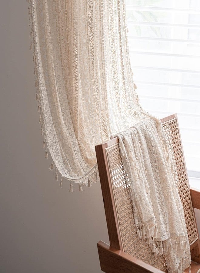 JOOJA 63 inch Length 2 Panels Set Rod Pocket Farmhouse Beige Crochet Semi Sheer Lace Boho Curtains, Vintage Cotton Tassel Window Treatment for Bedroom Living Room 59x63 - Image 2