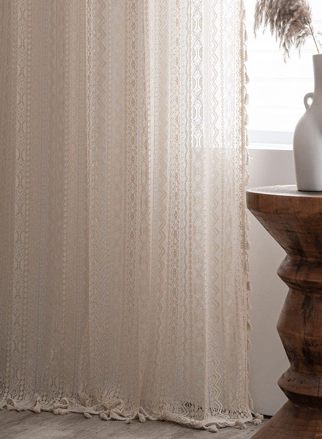 JOOJA 63 inch Length 2 Panels Set Rod Pocket Farmhouse Beige Crochet Semi Sheer Lace Boho Curtains, Vintage Cotton Tassel Window Treatment for Bedroom Living Room 59x63 - Image 1