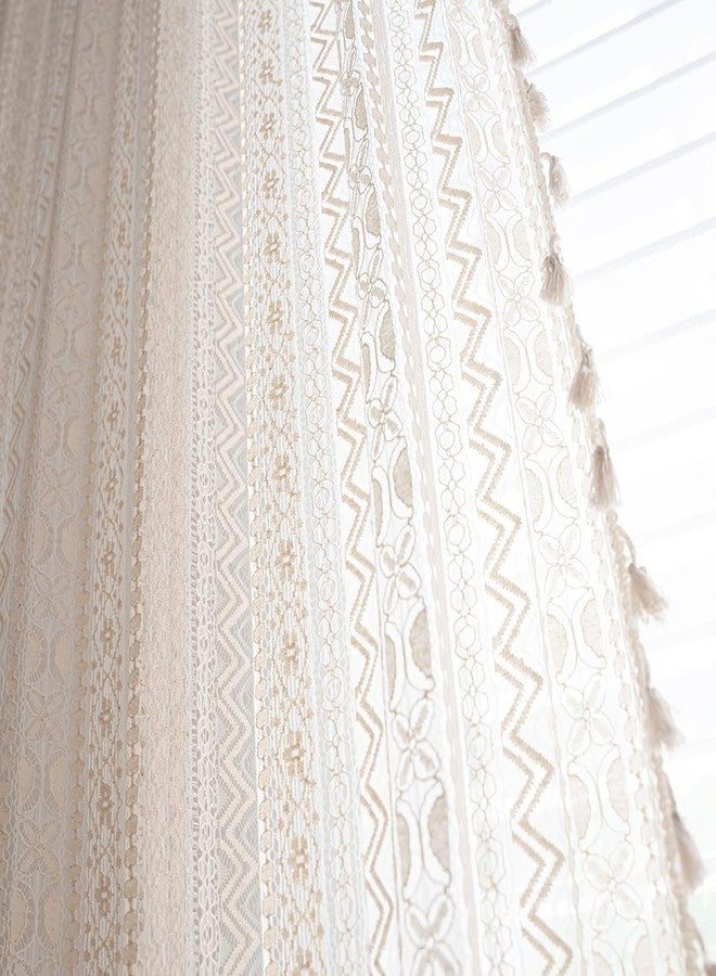 JOOJA 63 inch Length 2 Panels Set Rod Pocket Farmhouse Beige Crochet Semi Sheer Lace Boho Curtains, Vintage Cotton Tassel Window Treatment for Bedroom Living Room 59x63 - Image 3