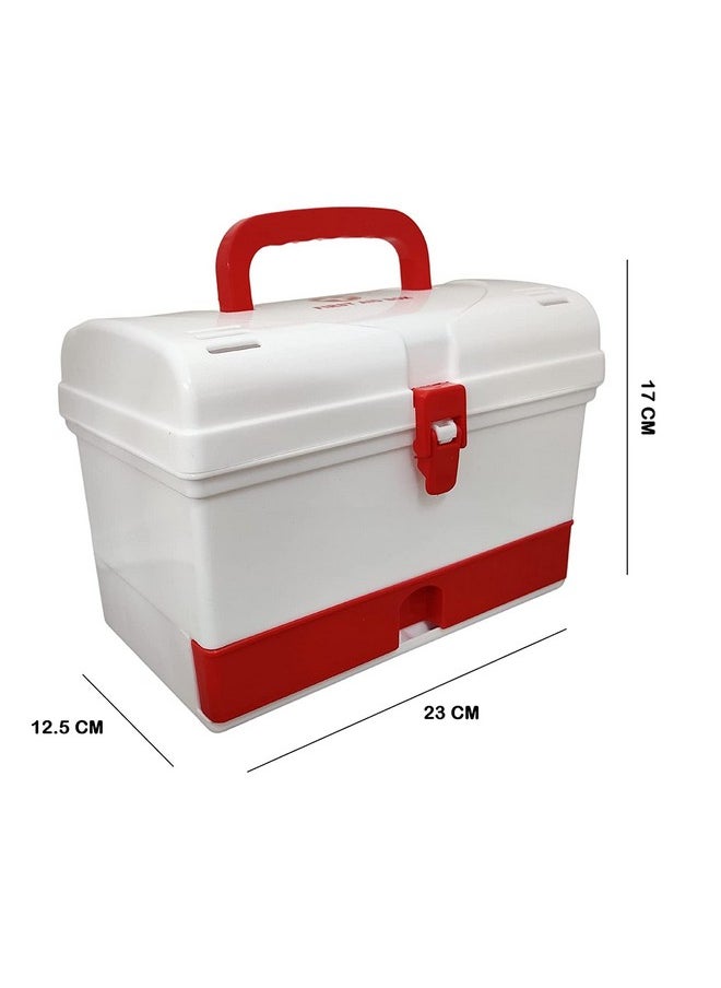 HOME CUBE HOME CUBE 1 Pc Multifunction Portable Medicine Organizer Storage Plastic Box, Medical Box, Multi Purpose Box With Extra Drawer Handle for Home Office Camping Travel etc- White/Red, Rectangular  - Image 2