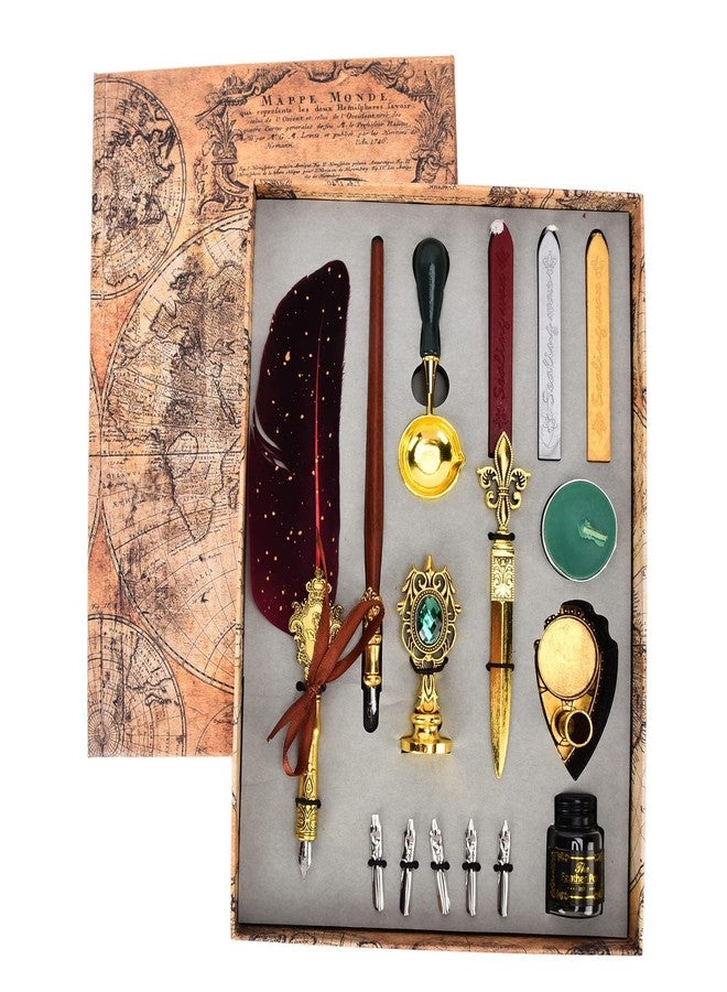 KIRA Feather Quill Pen, Calligraphy Wood Dip Pen, Retro Quill Pen and Ink Set and Gift Writing Stamp Set With Pen Holder,Ink,Wax Seal,Tea Wax,Melting Spoon, Envelope Opening Tool & 5 Nibs (Red) - Image 1
