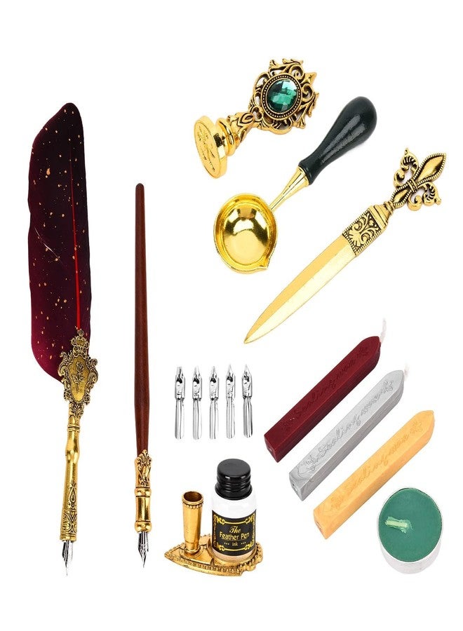 KIRA Feather Quill Pen, Calligraphy Wood Dip Pen, Retro Quill Pen and Ink Set and Gift Writing Stamp Set With Pen Holder,Ink,Wax Seal,Tea Wax,Melting Spoon, Envelope Opening Tool & 5 Nibs (Red) - Image 2