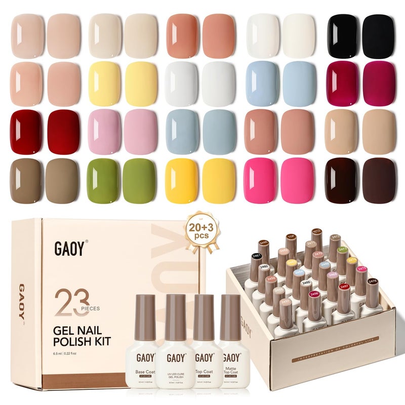 GAOY 23 Pcs Gel Nail Polish Kit, Red Blue Green Jelly Colors All Seasons Set with Glossy & Matte Top Coat and Base Coat for Nail Art Home DIY Gel Kit - Image 1
