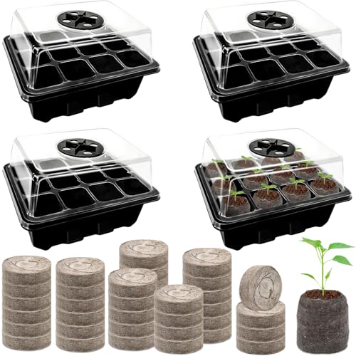 Halatool 4 Pack Seed Starter Tray with 50 PCS Peat Pellets, 48 Cells Black Seeding Starter Trays for Organic Seed Starter Soil Pods for Planting Vegetables Plants Flowers - Starting Seeds Kit - Image 1