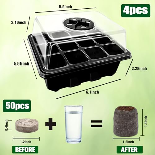 Halatool 4 Pack Seed Starter Tray with 50 PCS Peat Pellets, 48 Cells Black Seeding Starter Trays for Organic Seed Starter Soil Pods for Planting Vegetables Plants Flowers - Starting Seeds Kit - Image 2