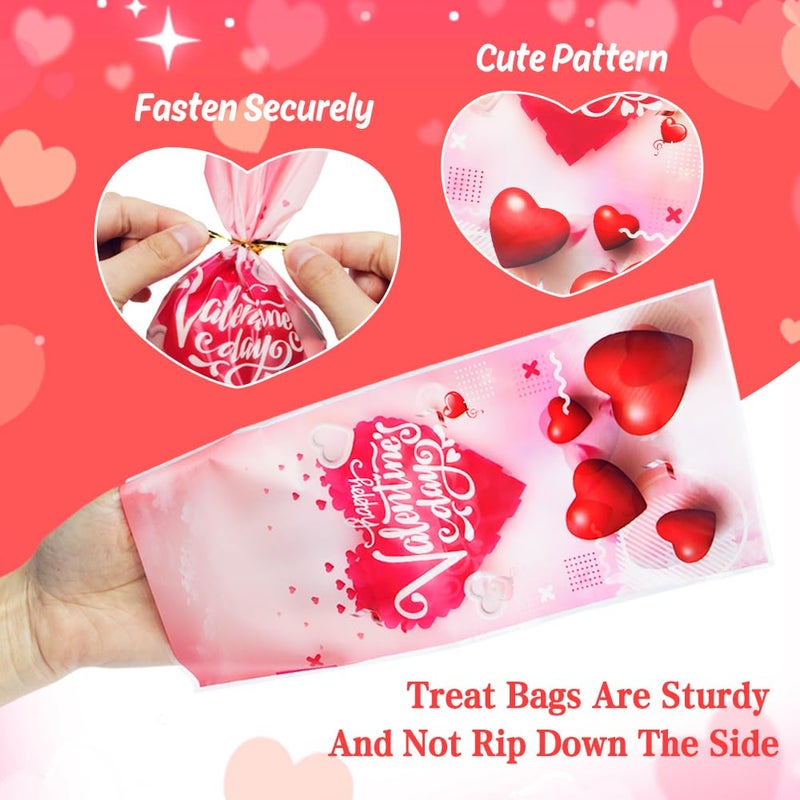 Yicelerate 100 Pack Valentine Treat Bags,Valentines Cellophane Treat Bags, Plastic Valentines Goodie Bag Candy Cookie Bakery Heart Clear Gift Bag for Valentine's Day Holiday Wedding Party Favors Supplies - Image 3