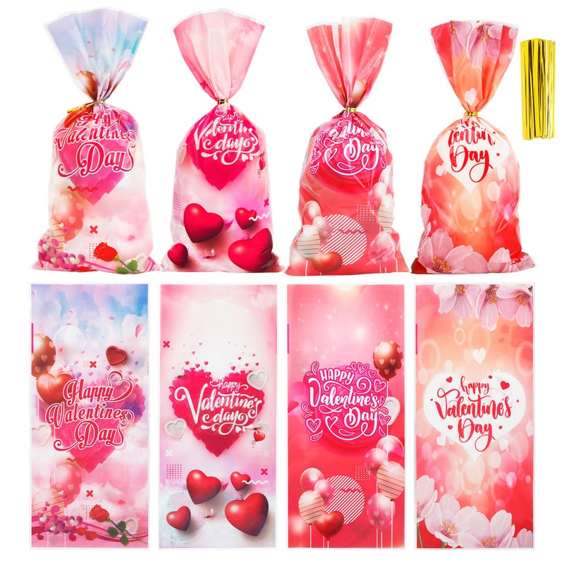 Yicelerate 100 Pack Valentine Treat Bags,Valentines Cellophane Treat Bags, Plastic Valentines Goodie Bag Candy Cookie Bakery Heart Clear Gift Bag for Valentine's Day Holiday Wedding Party Favors Supplies - Image 1