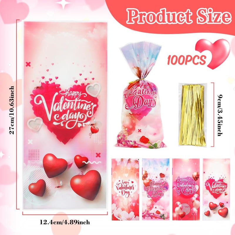 Yicelerate 100 Pack Valentine Treat Bags,Valentines Cellophane Treat Bags, Plastic Valentines Goodie Bag Candy Cookie Bakery Heart Clear Gift Bag for Valentine's Day Holiday Wedding Party Favors Supplies - Image 2