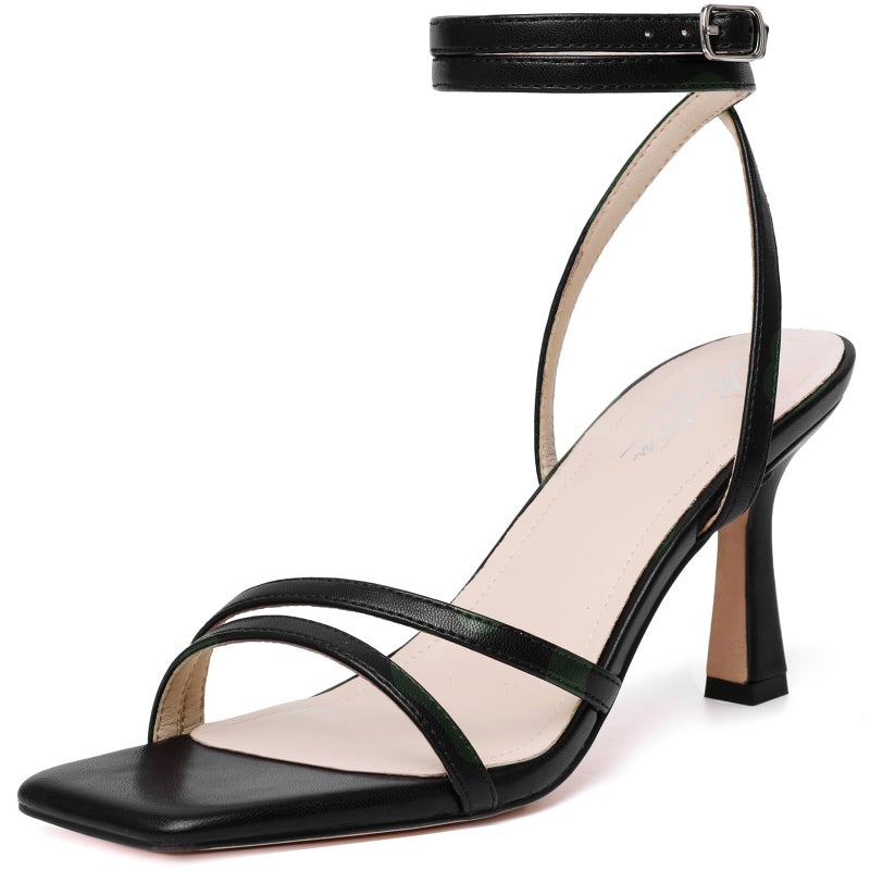 Mostrin Black Womens Sandals Strappy Lace Up Ankle Strap Heels Square Open Toe Stiletto High Heeled Sandals for Wedding, Prom, Party, Daily Size 8 - Image 1