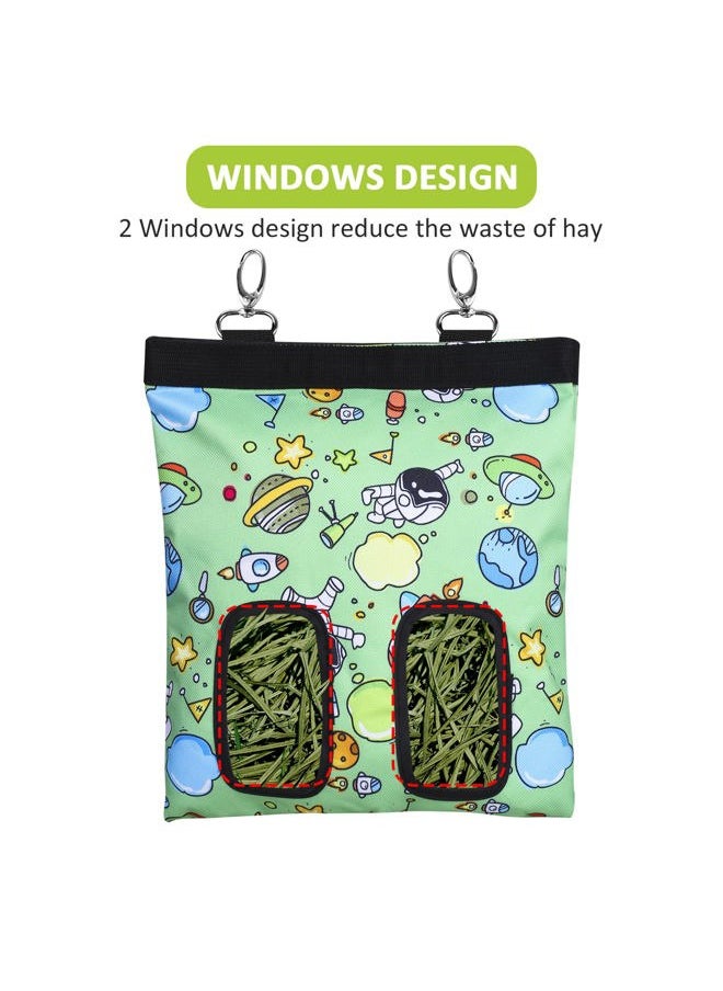 lenpestia Rabbit Hay Feeder Bag Guinea Pigs Hanging Hay Rack Manger Holder Dispenser Small Animal Feeder Storage Pouch for Bunny Chinchilla Hamster (Pattern Green, 2 Windows)  - Image 2