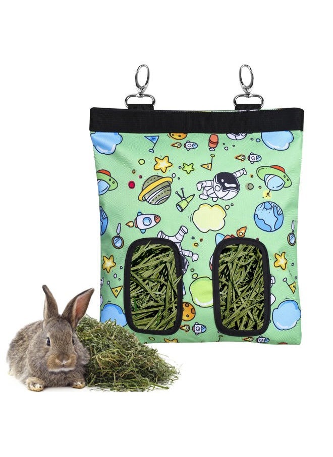 lenpestia Rabbit Hay Feeder Bag Guinea Pigs Hanging Hay Rack Manger Holder Dispenser Small Animal Feeder Storage Pouch for Bunny Chinchilla Hamster (Pattern Green, 2 Windows)  - Image 1