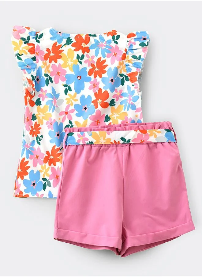 بيبي كلو Floral Print Ruffle Top &  Shorts Set