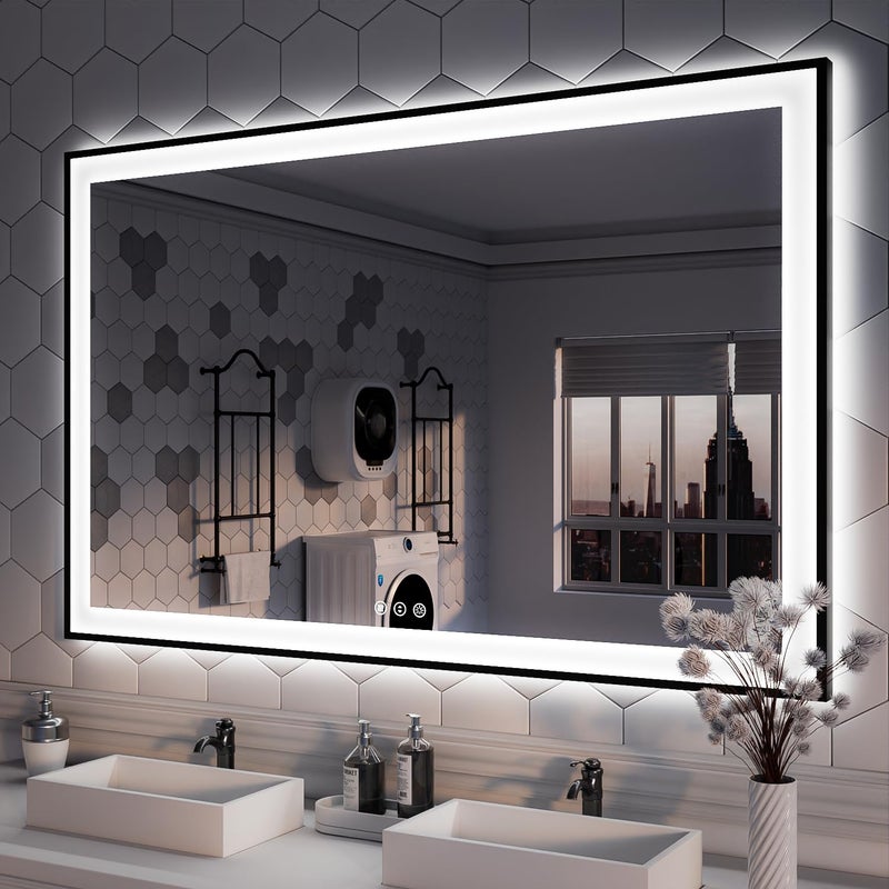 ISKM Framed LED Mirror for Bathroom 55x36 Dimmable LED Bathroom Mirror with Lights AntiFog Front and Backlit Lighted Mirror 3Colors Shatterproof Memory Function