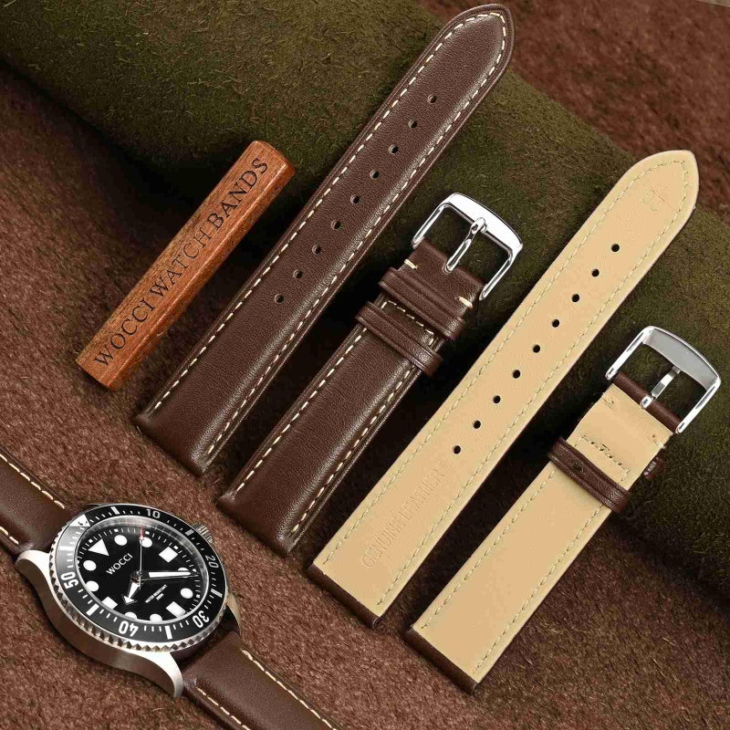 WOCCI 21mm Vintage Leather Watch Band for Men and Women, Silver Buckle (Dark Brown/Contrasting Stitch) - Image 2