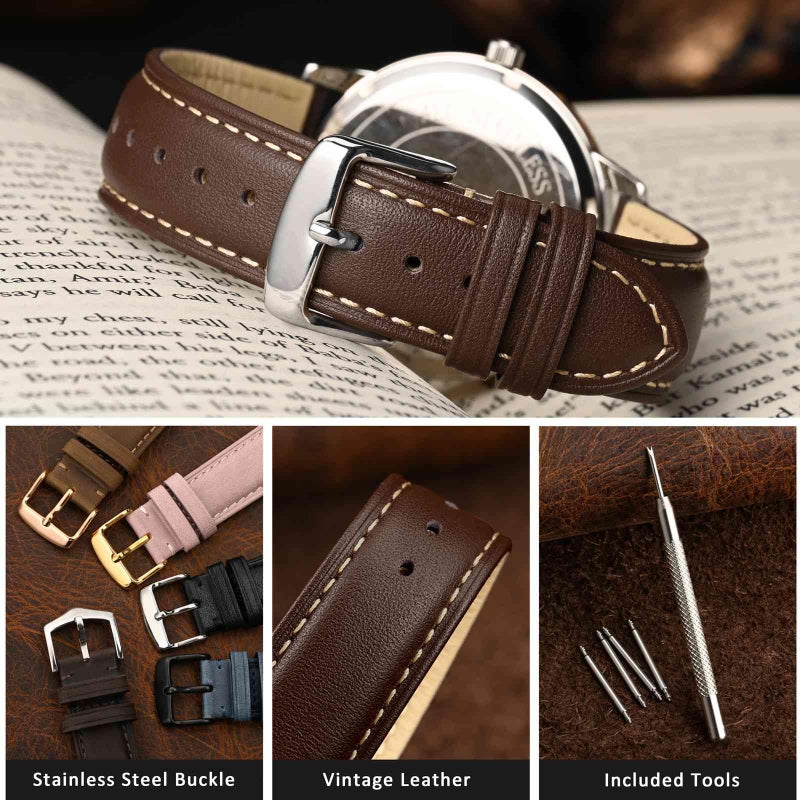 WOCCI 21mm Vintage Leather Watch Band for Men and Women, Silver Buckle (Dark Brown/Contrasting Stitch) - Image 3
