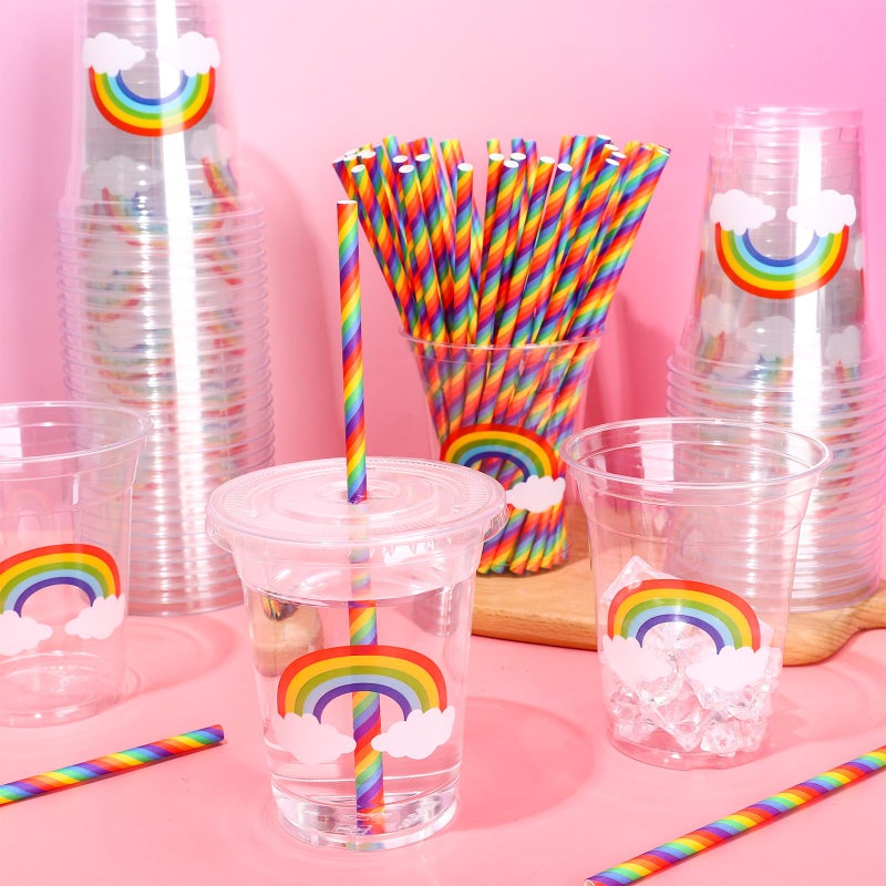Whaline 50Pcs 12Oz Pastel Rainbow Disposable Plastic Cups with Lids and Straws Colorful Cold Beverage Drinking Cups for Birthday Baby Shower Party Supplies - Image 3