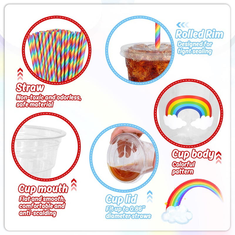 Whaline 50Pcs 12Oz Pastel Rainbow Disposable Plastic Cups with Lids and Straws Colorful Cold Beverage Drinking Cups for Birthday Baby Shower Party Supplies - Image 2