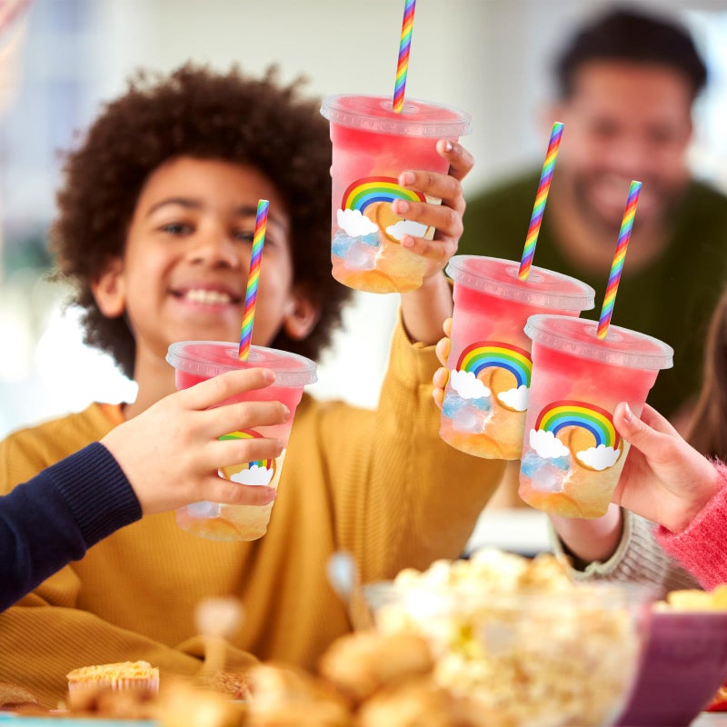 Whaline 50Pcs 12Oz Pastel Rainbow Disposable Plastic Cups with Lids and Straws Colorful Cold Beverage Drinking Cups for Birthday Baby Shower Party Supplies - Image 4
