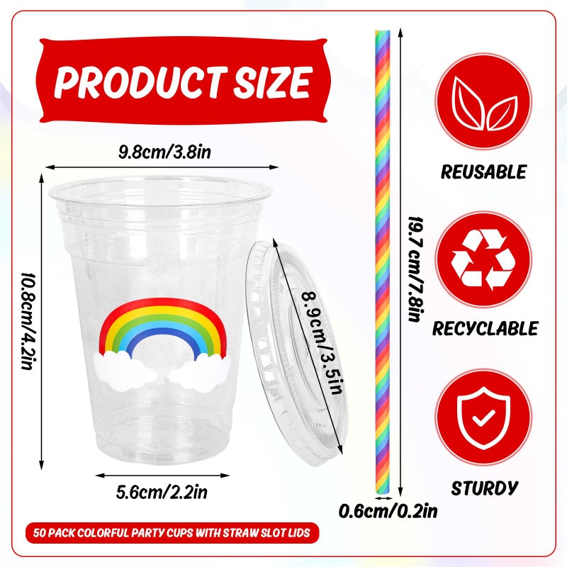 Whaline 50Pcs 12Oz Pastel Rainbow Disposable Plastic Cups with Lids and Straws Colorful Cold Beverage Drinking Cups for Birthday Baby Shower Party Supplies - Image 1
