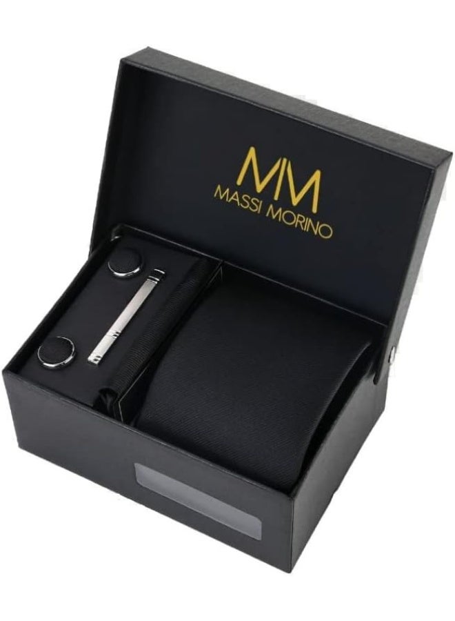 Massi Morino Mens Tie Set With Pocket Square Cufflinks Tie Clip And Gift Box For Wedding And Formal Wear