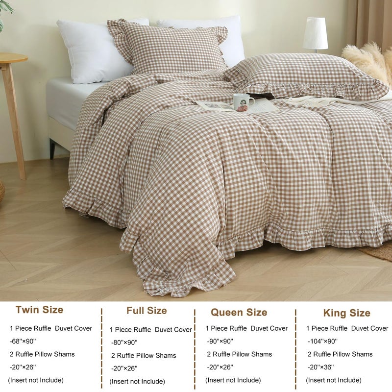 Silnuo Taupe/White Plaid Ruffle Duvet Cover Queen Size,100% Washed Cotton 3 Pcs Vintage Checkered Chic Gingham Bedding Set Comforter Cover Set - Image 4