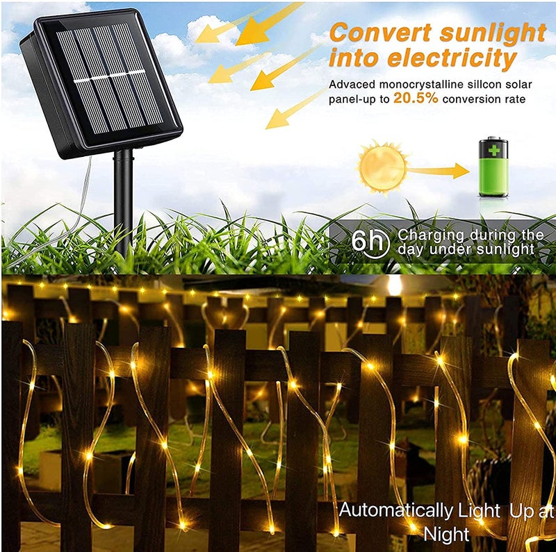 QITONG Warm White Solar Christmas Lights, 2 Pack Each 33ft 100 LED Rope Light for Outside, 8 Modes Fairy Lights in Clear Thin Tube - Image 5