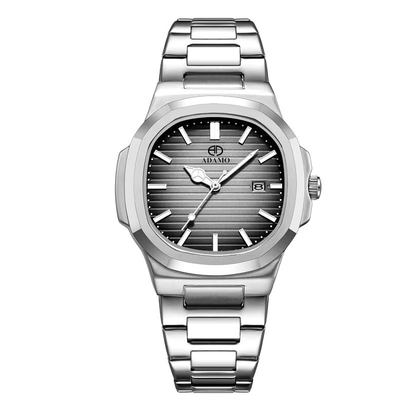 ADAMO Quartz Analog Grey Square Shape Date Dial Stainless Steel Strap Watch for Men-891SSM15 - Image 1